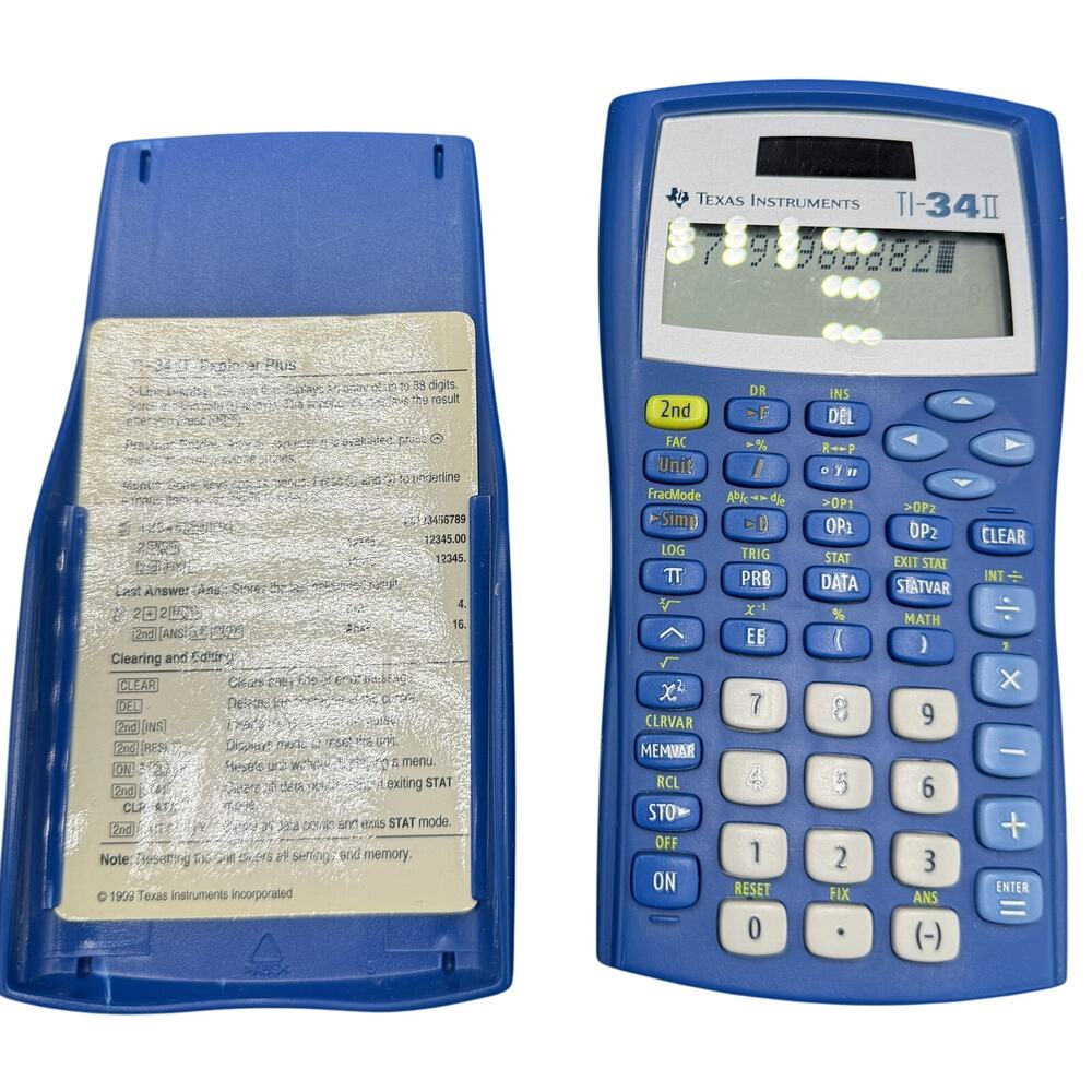 🔢Texas Instruments TI-34 II Blue Scientific Calculator w Cover School Retro Vtg